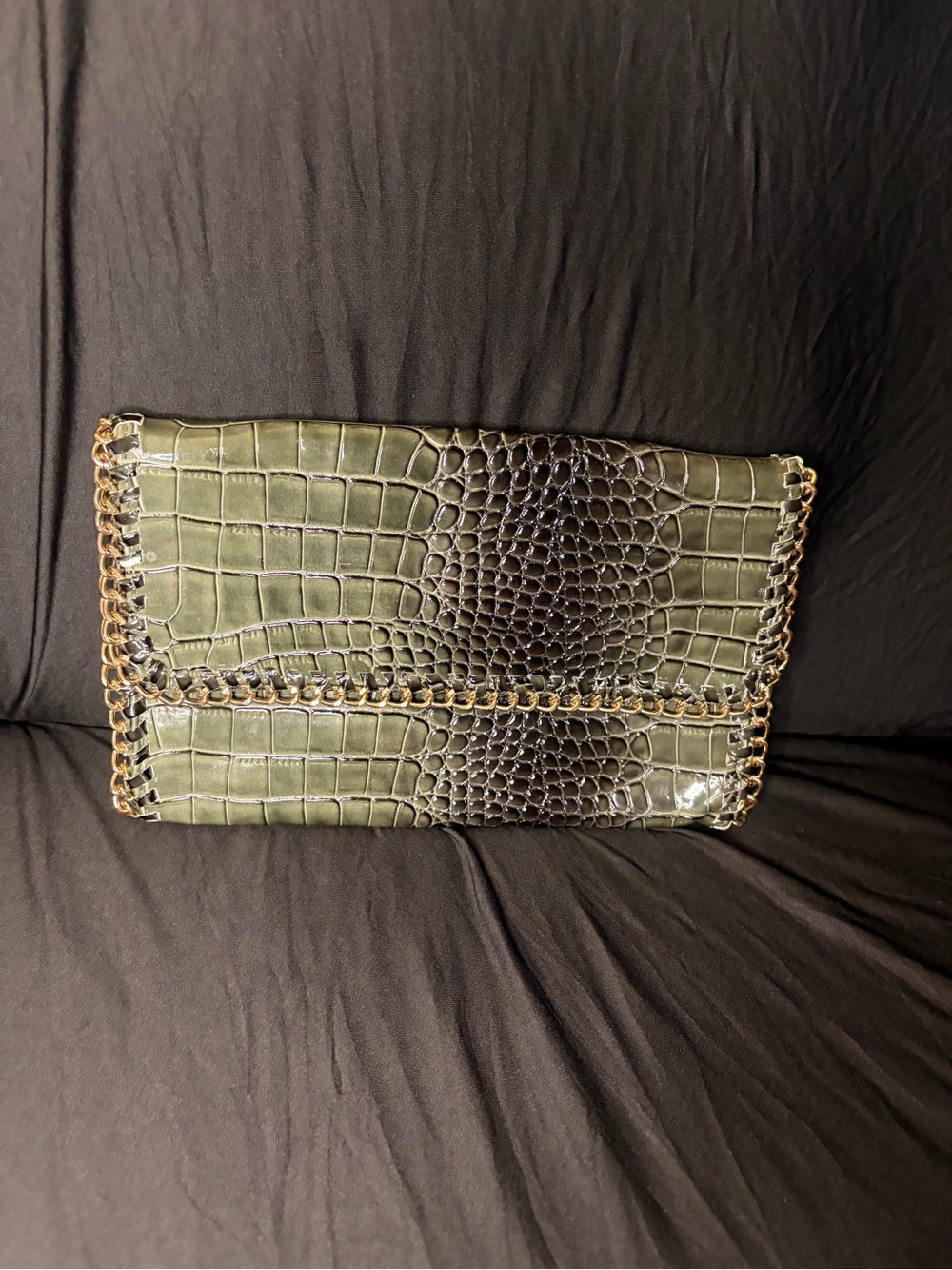 Olive Green Croc-Embossed Chain-Trim Foldover Clutch